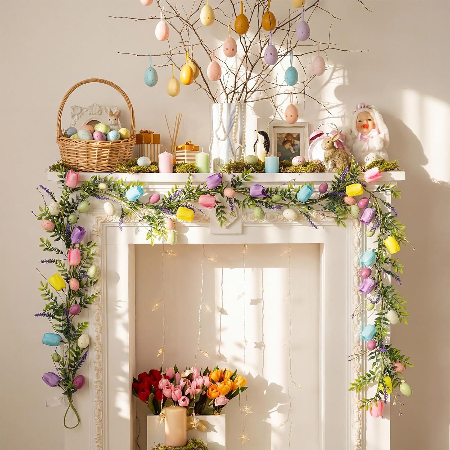 6 ft Easter Garland Lighted Artificial Floral Garland with Eggs & Tulip Artificial 30 LED Spring Easter Decorations for Mantle Indoor Outdoor Home Kitchen Fireplace Wall Party