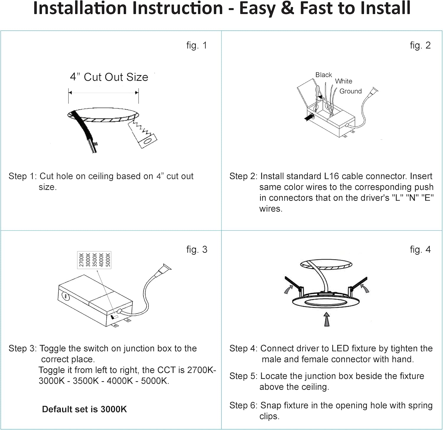 Premium LED-Canless Recessed Lighting 4-inch 5 CCT Adjustable Dimmable Recessed Downlight Fixture, Ceilling Light with Junction Box, 2700-5000K, 9W, Black Finish, 6 Pack