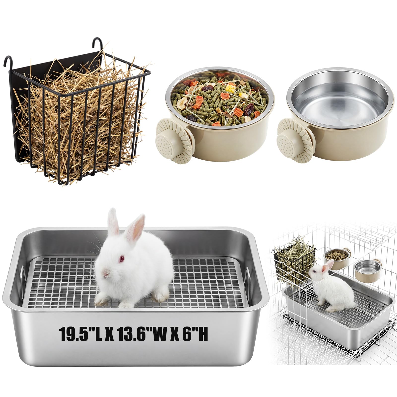 Maxcheck 5 Pcs 3 in 1 Large Stainless Steel Rabbit Litter Box with Raised Grid, High Back Bunny Litter Pan with 2 Pcs Pet Hanging Bowl and Hay Feeder for Rabbits Bunny Guinea Pigs - image 2