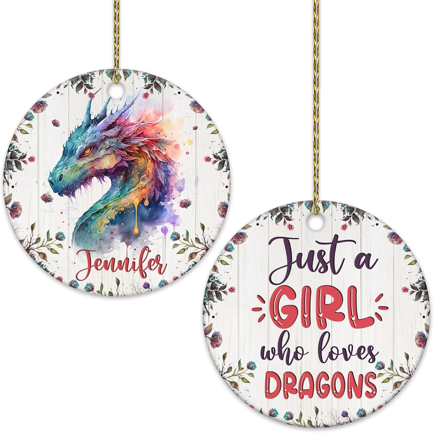 Hyturtle Adorno de Navidad personalizado para amantes del dragón, adorno de cerámica con nombre personalizado de Just A Girl Who Loves Dragons,