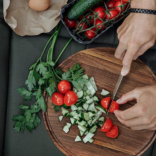 Miniatura 5 de Tabla de cortar redonda de madera de nogal de 12 pulgadas para cocina, tabla de cortar de madera con ranuras de jugo