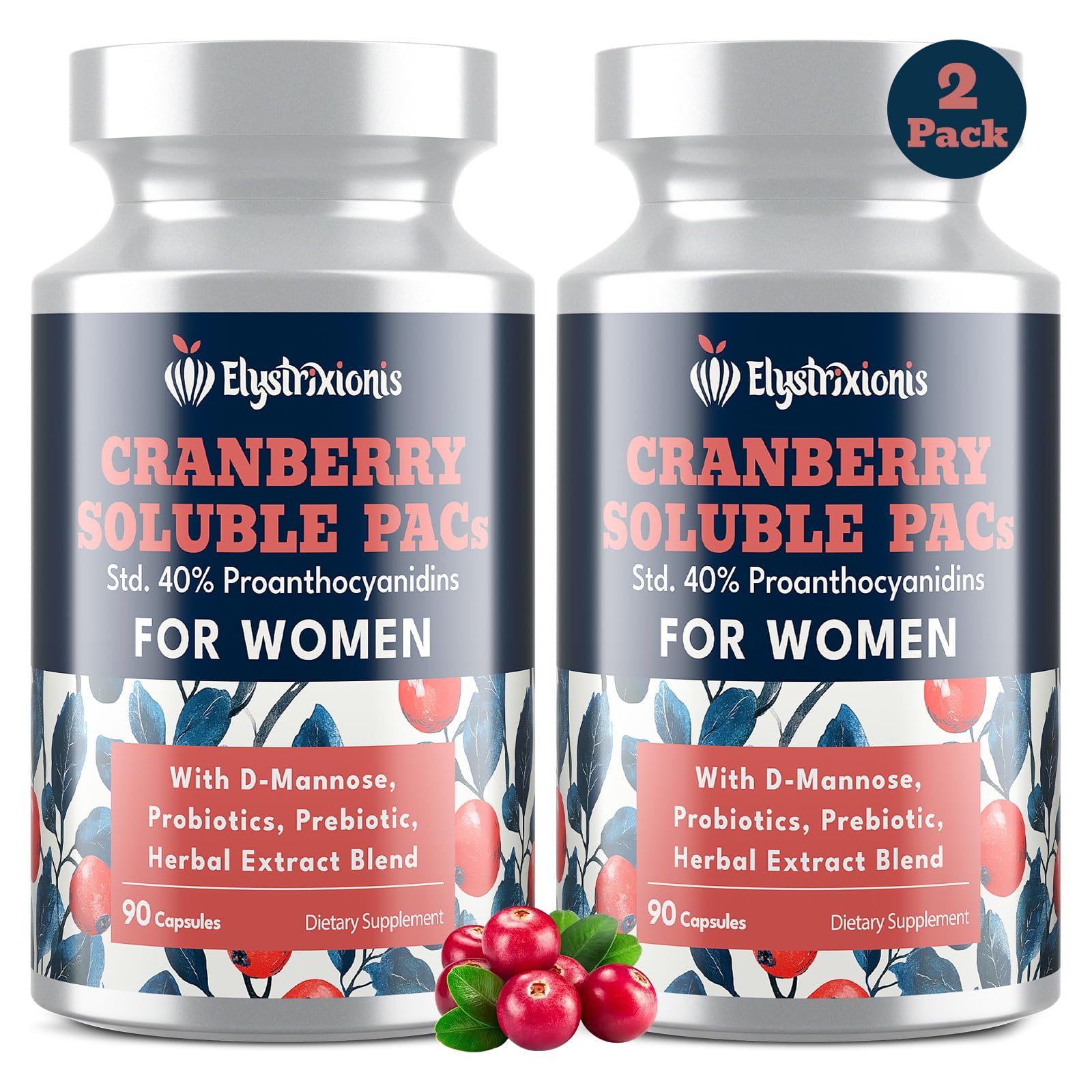Elystrixionis Suplemento de Cranberry com PAC 72 mg e D-manose 1.000 mg, 180 cápsulas