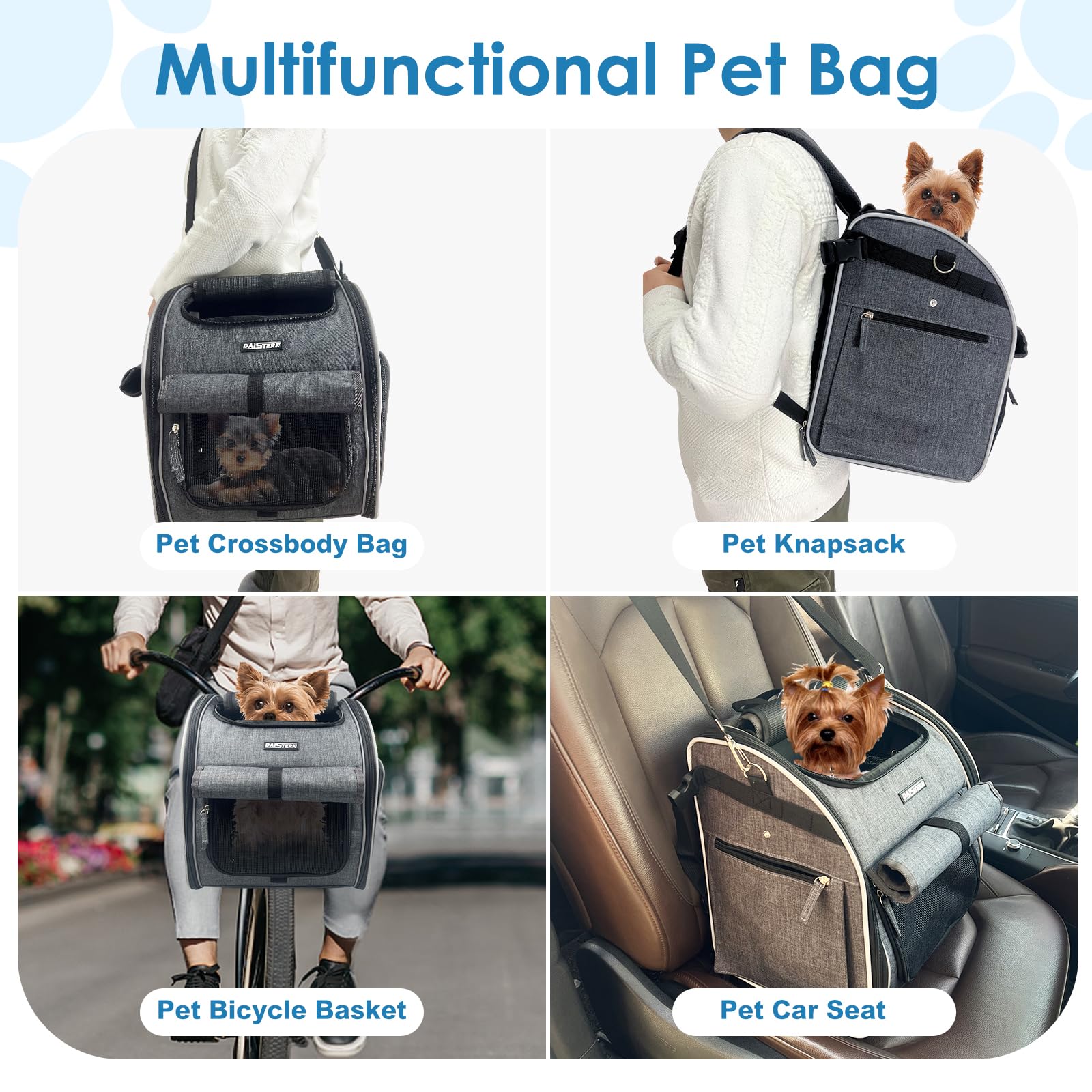 Cestino Cane Bicicletta Staccabile 6KG, Borsa Zaino para Cani Gatti con Finestra a Rete, 4 in 1 Borsa Multifunzionale Pieghevole Trasportino per Animali Domestici con Supporto Brevettato