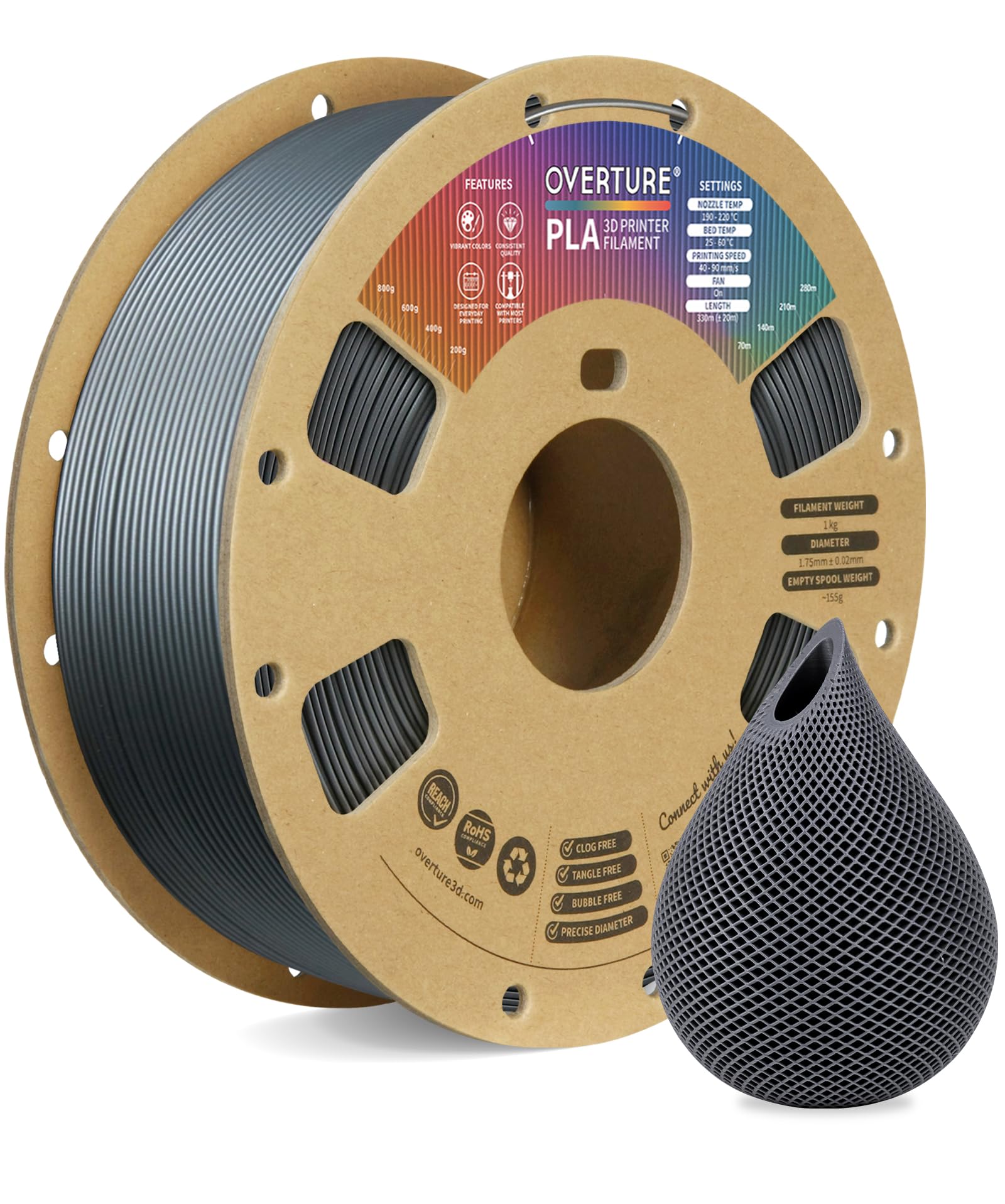 OVERTURE Filamento PLA 1.75mm, 1kg Bobina(2.2lbs), Precisione Dimensionale +/- 0.02 mm, per Stampante 3D (Spazio Grigio)