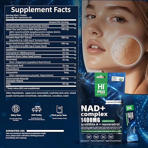 Miniatura 5 de NAD+ bebida sabor a bayas 1400 mg liposomal alternativa extra fuerte, té verde+resveratrol de astaxantina, CoQ10, urolitina A, PQQ, ácido alfa