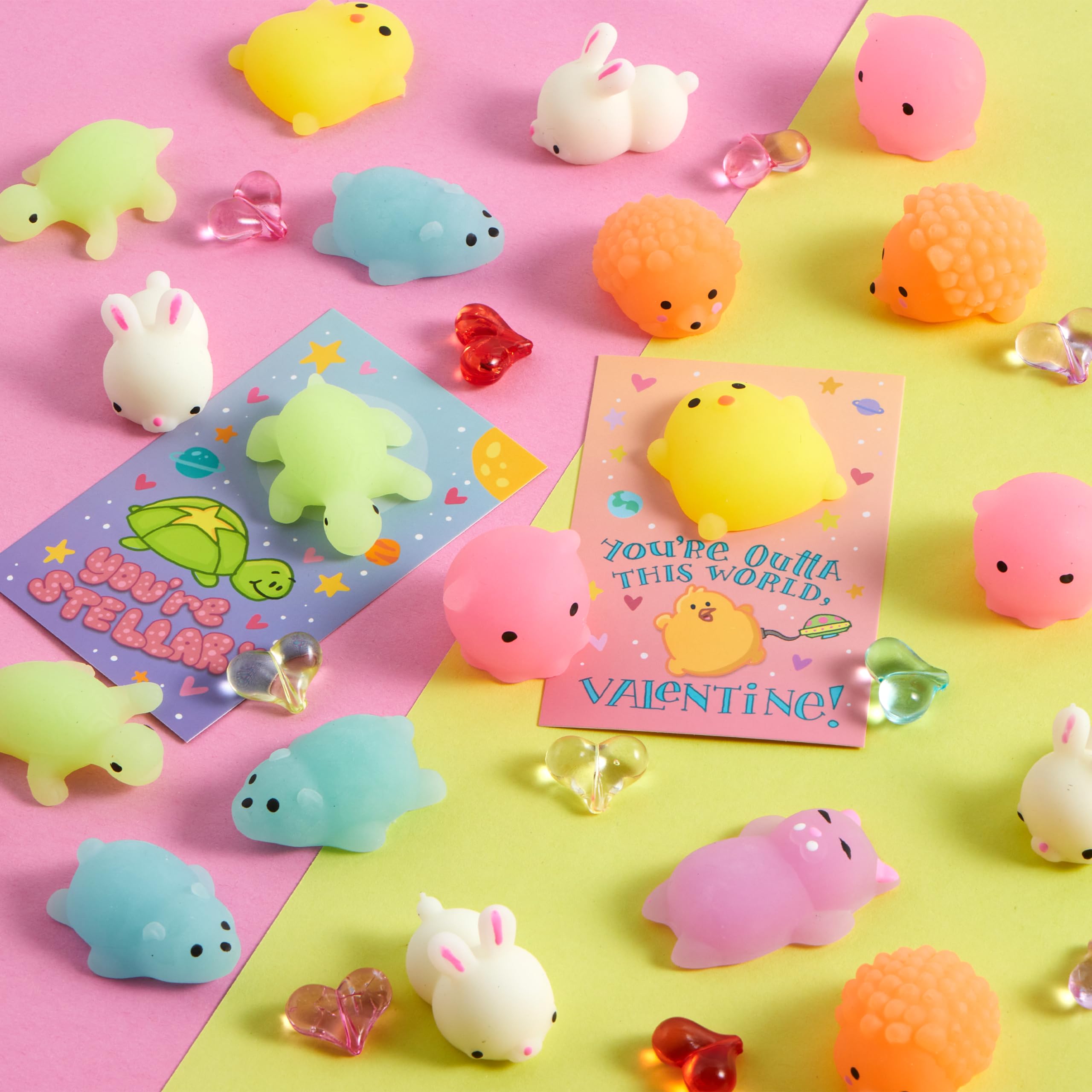 JOYIN 28 Packs Gift Cards with Mochi Squishy Toys, Kawaii Squeeze Stress Relief Fidget Toy for Kids Party Favor Classroom Exchange Prizes