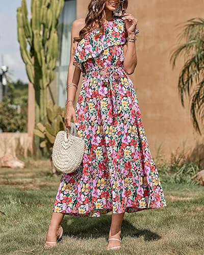Miniatura 3 de BTFBM Vestido largo de un hombro para mujer sin mangas casual verano con volantes estampado floral bohemio para fiesta playa vestido acampanado