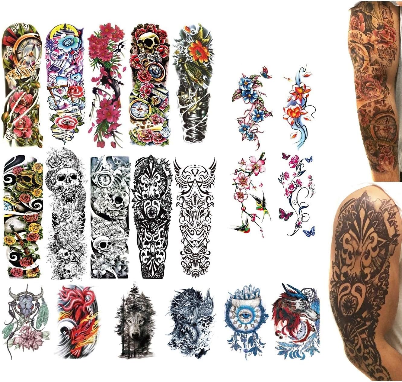 20 Temporary Tattoos | Fake Realistic Sleeve Ink | Semi Permanent Water Resistant Set | For Men and Women or Kids | Large Big Designs
