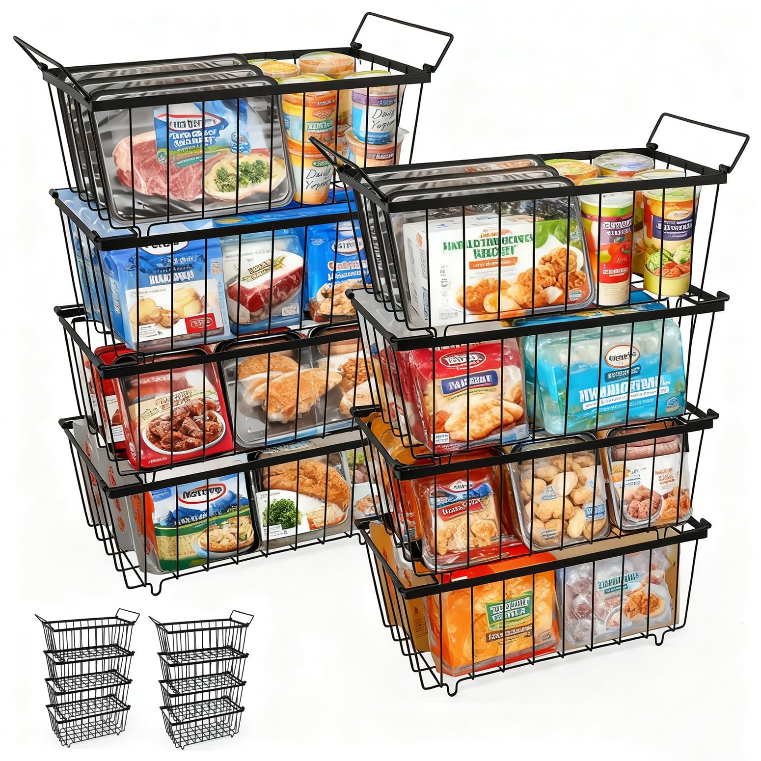 8-Pack Stackable Chest Freezer Baskets Organiser for 198L Fridges (37cm L x 18cm W x 15cm H)-Chest Freezer Basket with Folding Handle -Storage Bins for Kitchen, Freezer, Pantry, Cabinet, and Closet