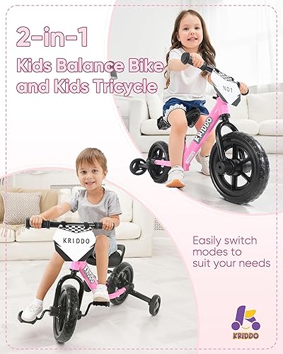 Miniatura 9 de KRIDDO Triciclo 2 en 1 para niños y bicicleta de equilibrio para niños de 2 años, pedales desmontables y ruedas de entrenamiento plegables, placa de