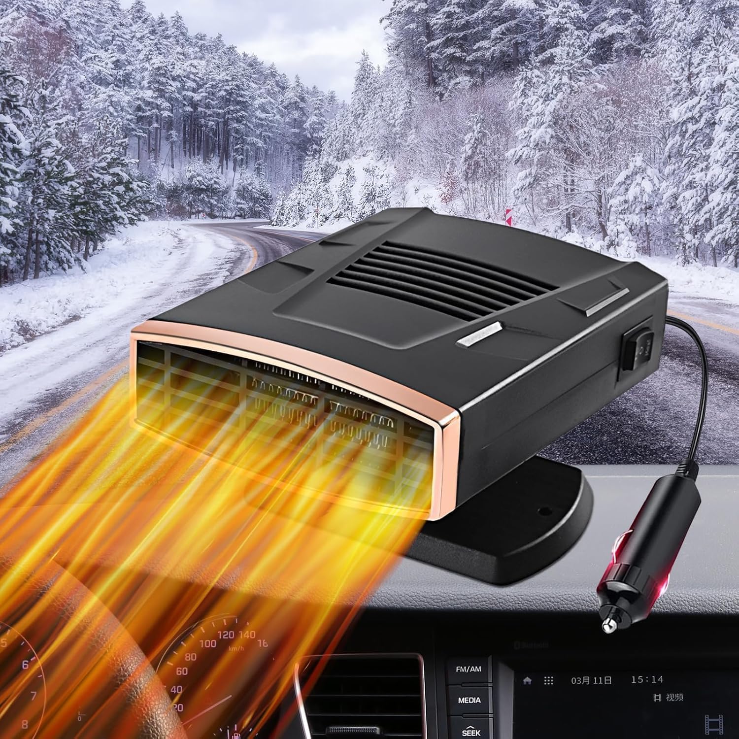 12V Portable Car Heater with Cigarette Lighter Plug, 2-in-1 Fast Heating Defroster and Defogger, 360° Rotatable