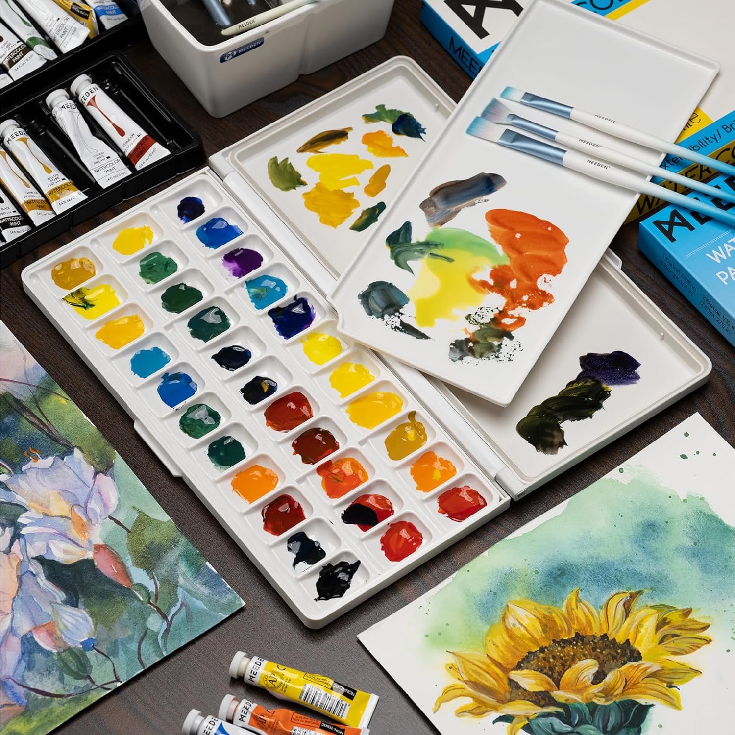 MEEDEN Wet Palette per pittura - Tavolozza di Acquerelli Acquerello Acrilico Gouache Sigillata, 33 pozzi - Palette di pittura con coperchio e Ampie Aree di Miscelazione, Grigio