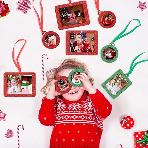 Miniatura 7 de Queekay 48 adornos navideños para colgar fotos, marco de fotos para árbol, marco de fotos pequeño con purpurina para bricolaje, manualidades,