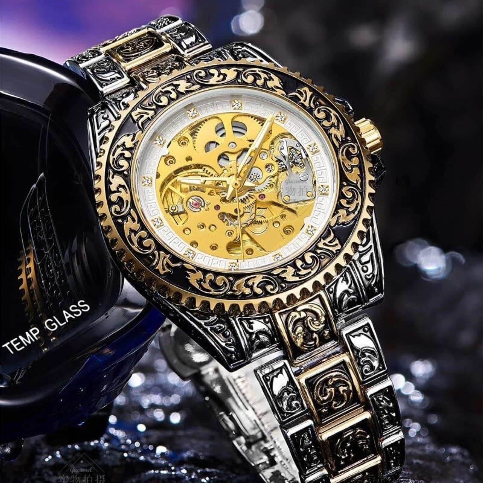 Zegarki Męski szkieletowy automatyczny zegarek ze stali nierdzewnej 43 mm, grawerowana tarcza retro smartwatch