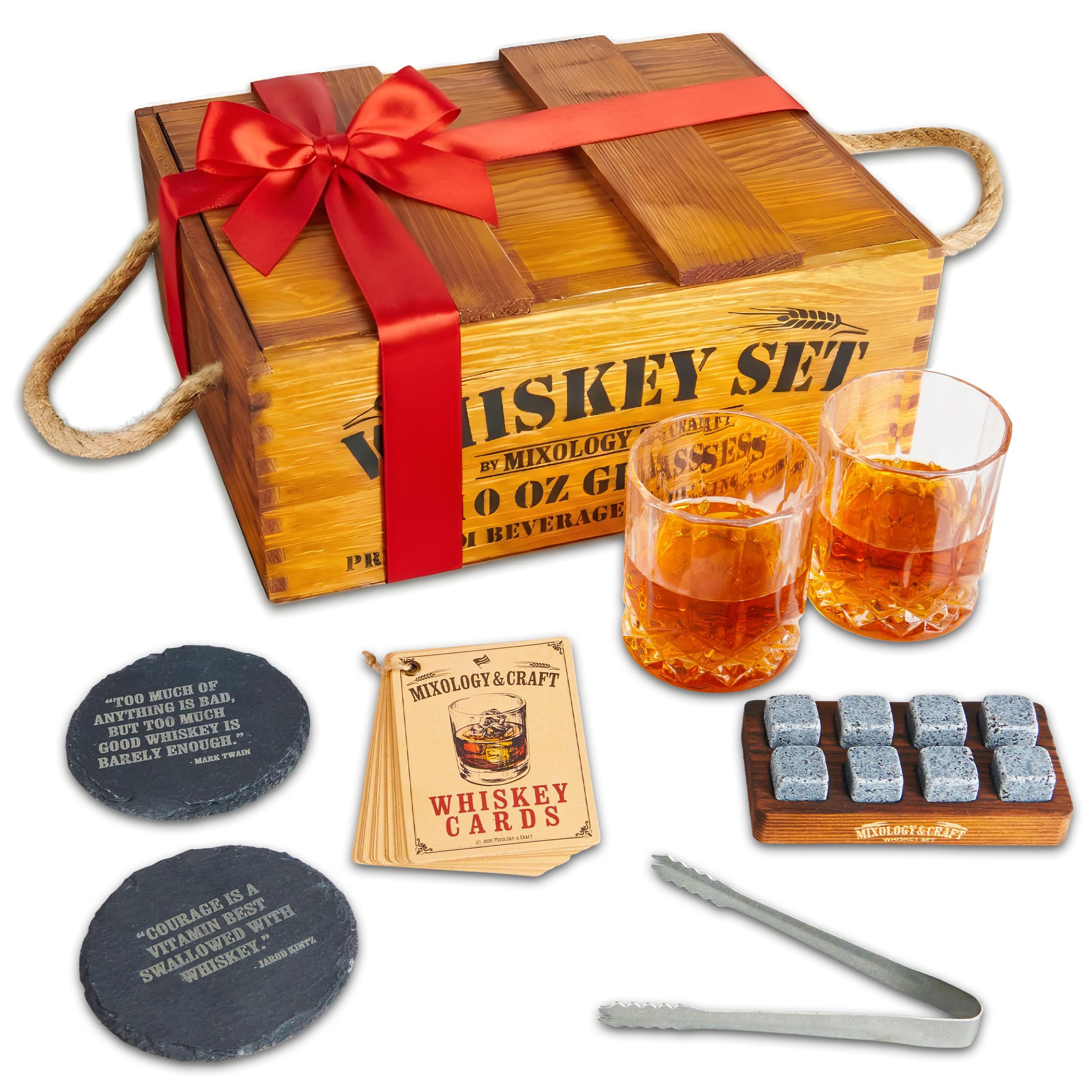 Mixology & Craft Premium Whiskey Set | Two 10oz Cystal Old-Fashioned Glasses, 8 Granite Chilling Stones, Metal Tongs, Recipe Cards in Rustic Wooden Crate Gift Set | Jameson Whiskey