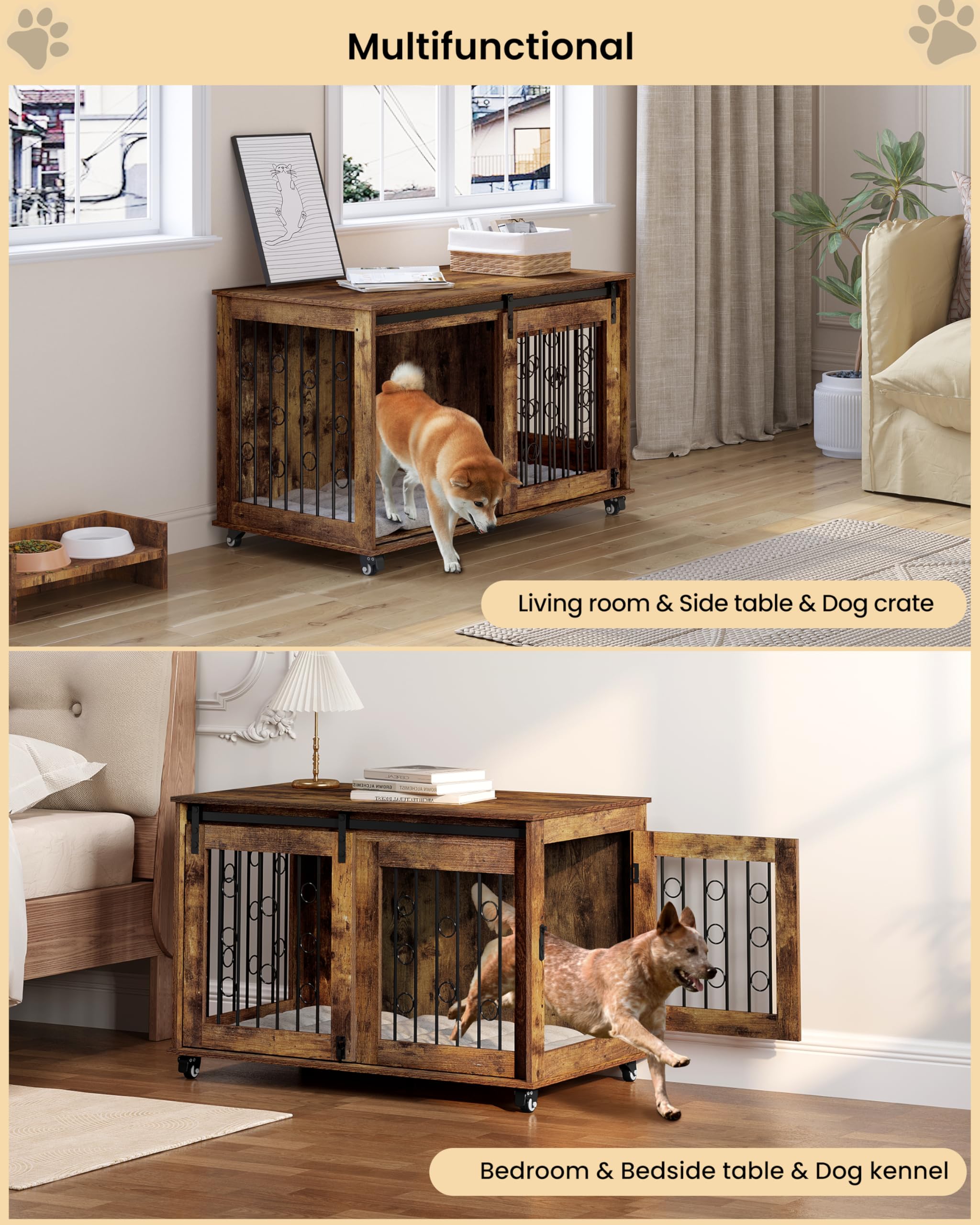 EUGAD 100cm Gabbia per Cani, Mobile Kennel per Cani da Interno, Kennel Cane in Legno con 2 Porte Ruote 360° Gabbie per Cane Medio Grande, Dog Crate Arredamento Marrone Vintage 100x56x65cm