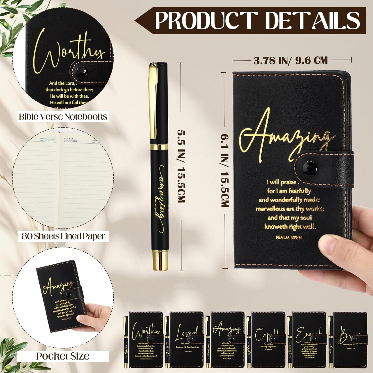 18 Pcs Easter Christian Gift Bulk for Women Men 16 Oz Glass Cups with Lid Straw Bible Notebook Leather Prayer Journal with Pen Mother's Day Religious Gift for Church (Bible Words,Black)