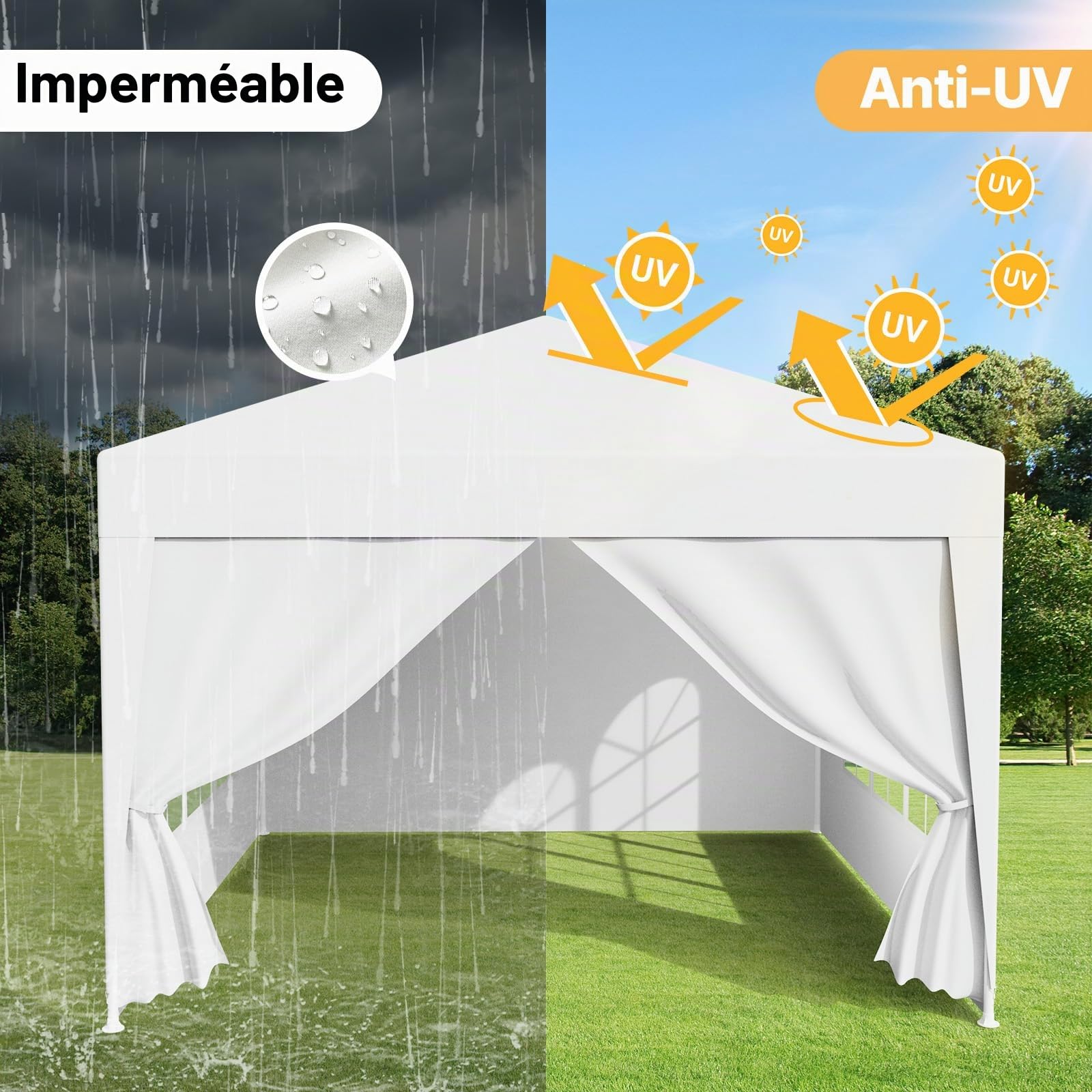 Tonnelle de Jardin Extérieur 3x6m Barnum Pliant Imperméable avec 4 Parois Latérales et Fenêtres,Robuste en Acier et Bâche PE, Idéale pour Camping, Fête, Réception, Marché (Blanc,3x6m)