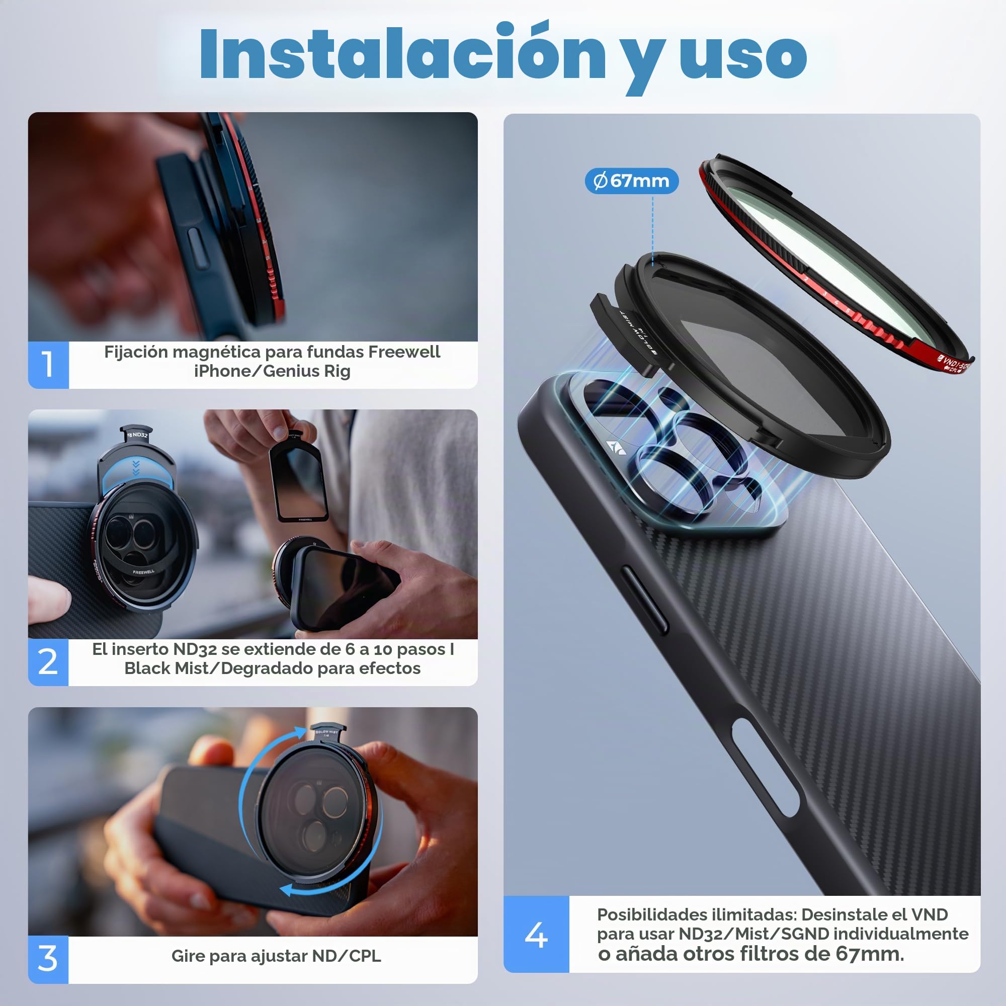 Freewell Pro Hybrid - Filtro magnético híbrido de 1 a 10 Paradas ND/CPL con ND32, Degradado Suave 1.2, Niebla Brillante Negra Compatible con Funda y Jaula Freewell para iPhone