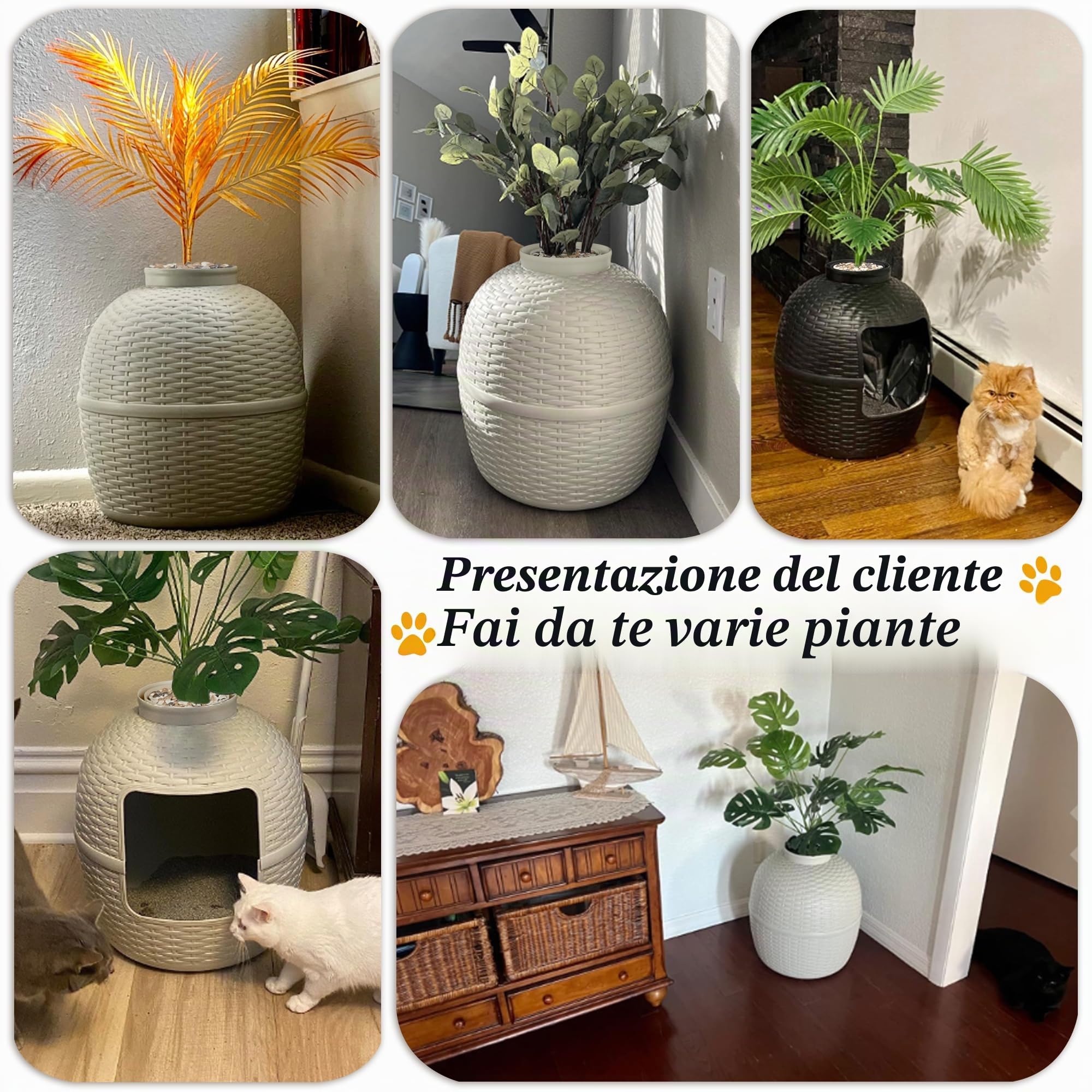 SUNVIVI Scatola per Lettiera Nascosta con Falso Pianta, Grande Scatola per Lettiera con Motivo in Rattan, Scatola per Lettiera Robusta per Arredamento Domestico, Bianco Sporco