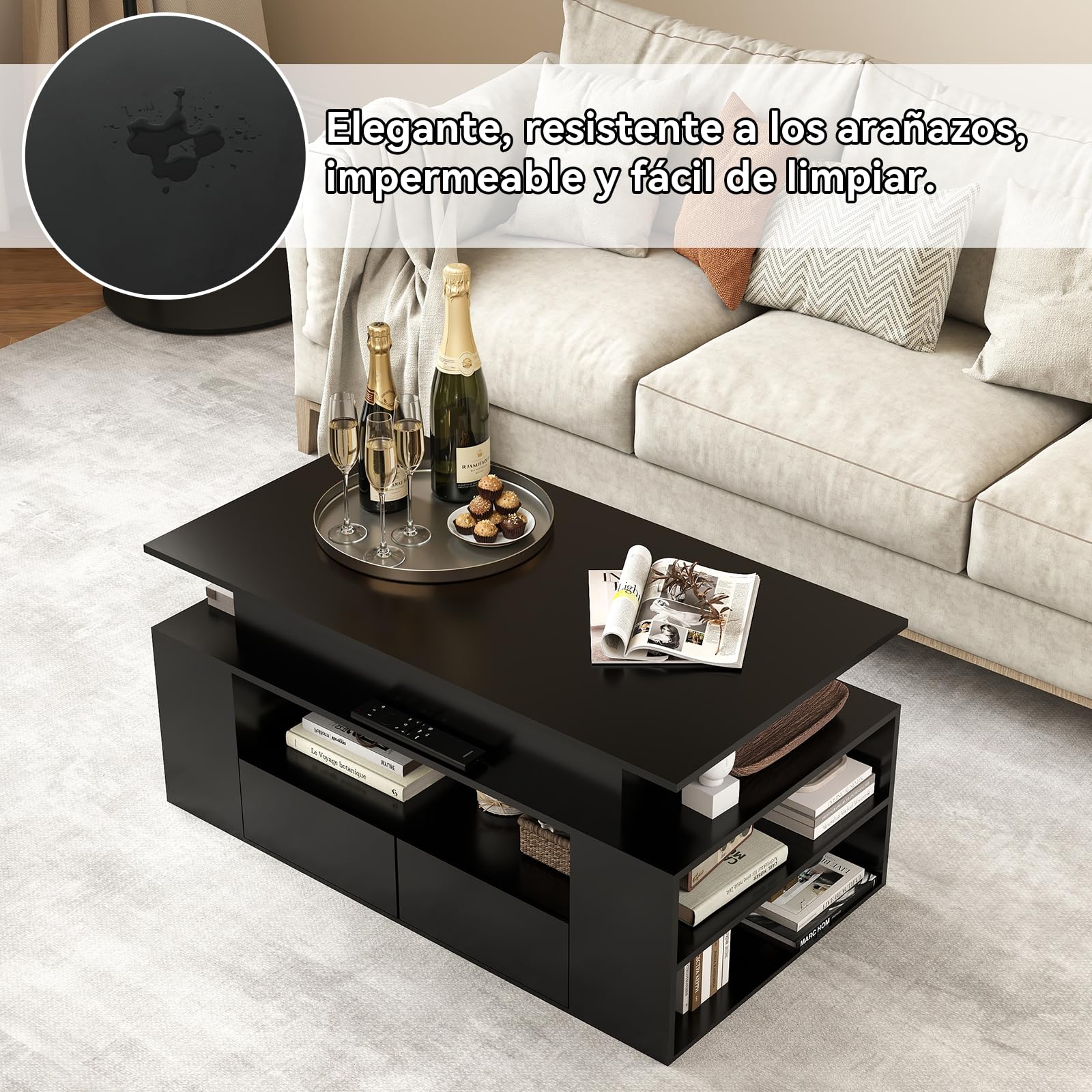 YU YUSING Mesa de Centro Elevable y Extensible con Luz LED, Amplio Espacio | 92 x 50 x 43-56 cm, Estructura de Acero, Control por Aplicación y Botones, Negro