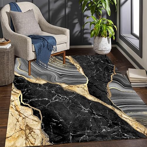 Alfombra moderna y contemporánea con diseño abstracto de mármol negro y dorado, 2 x 8 pulgadas, decoración artística para sala de estar, dormitorio,