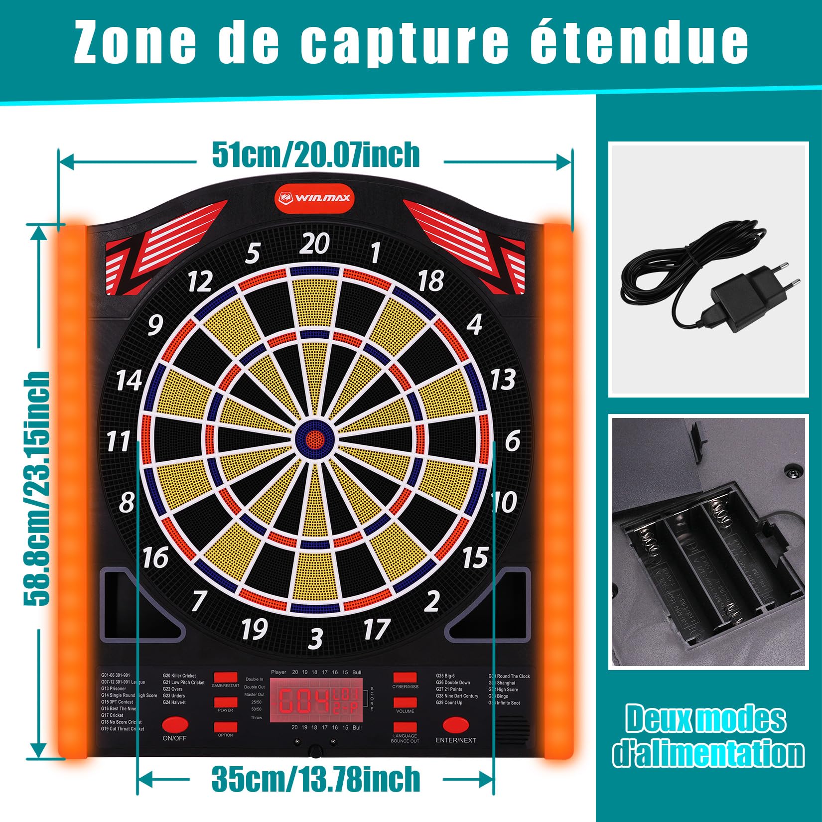 WIN.MAX Jeu de fléchette électronique Cible flechette Profi Set 34 Jeux 12 fléchettes 1-8 Joueurs