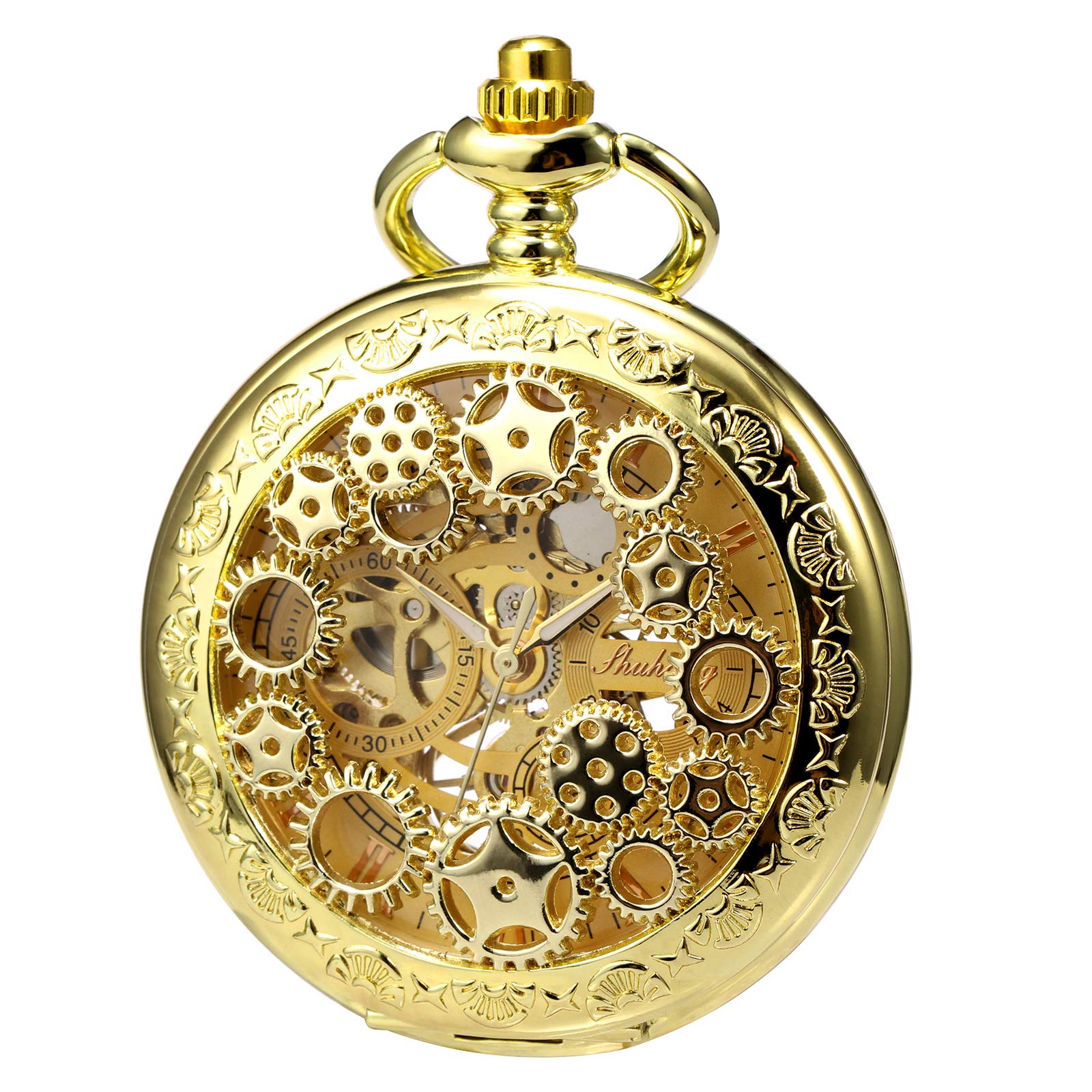 Reloj de bolsillo mecánico de engranajes bronce steampunk con cadena unisex 8
