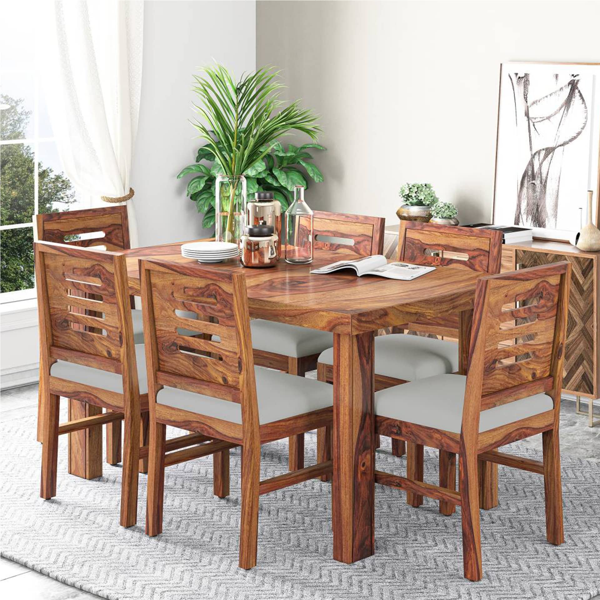 WOODSTAGE Solid Sheesham Wood 6 Seater Dining Table Set with 6 Cushioned Chairs | Elegant Wooden Furniture for Home, Kitchen, Hotel, Dining Room, Living Room and Hall (Teak Finish)-image-21