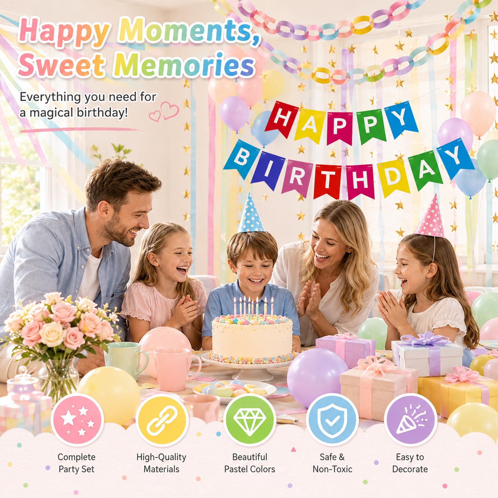 Set di strisce di carta per decorazioni per feste, 150 m di carta crespa e 300 fogli di catene di carta, ghirlande a stella dorate, bandierine per bandiere, bandiere di compleanno, decorazioni fai da