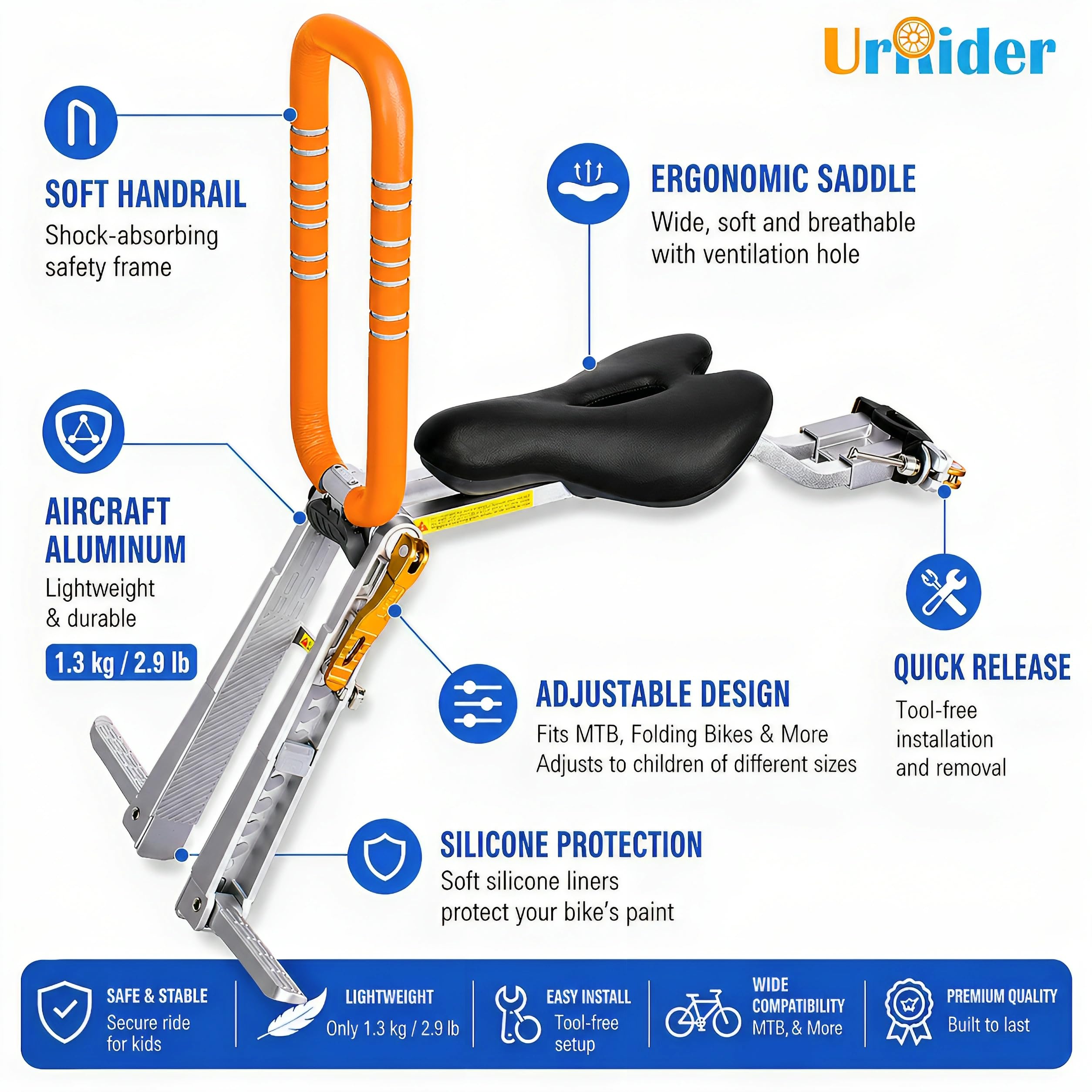 UrRider Kinderfahrradsitz, FR VTT, Cityrder, Faltrder, Kinderfahrradsitz vorne, Faltbare, Ultraleicht Tragbar, Werkzeuglos, Schnellspanner, Upgrade, FR Kinder Von 2 BIS 6 Jahren
