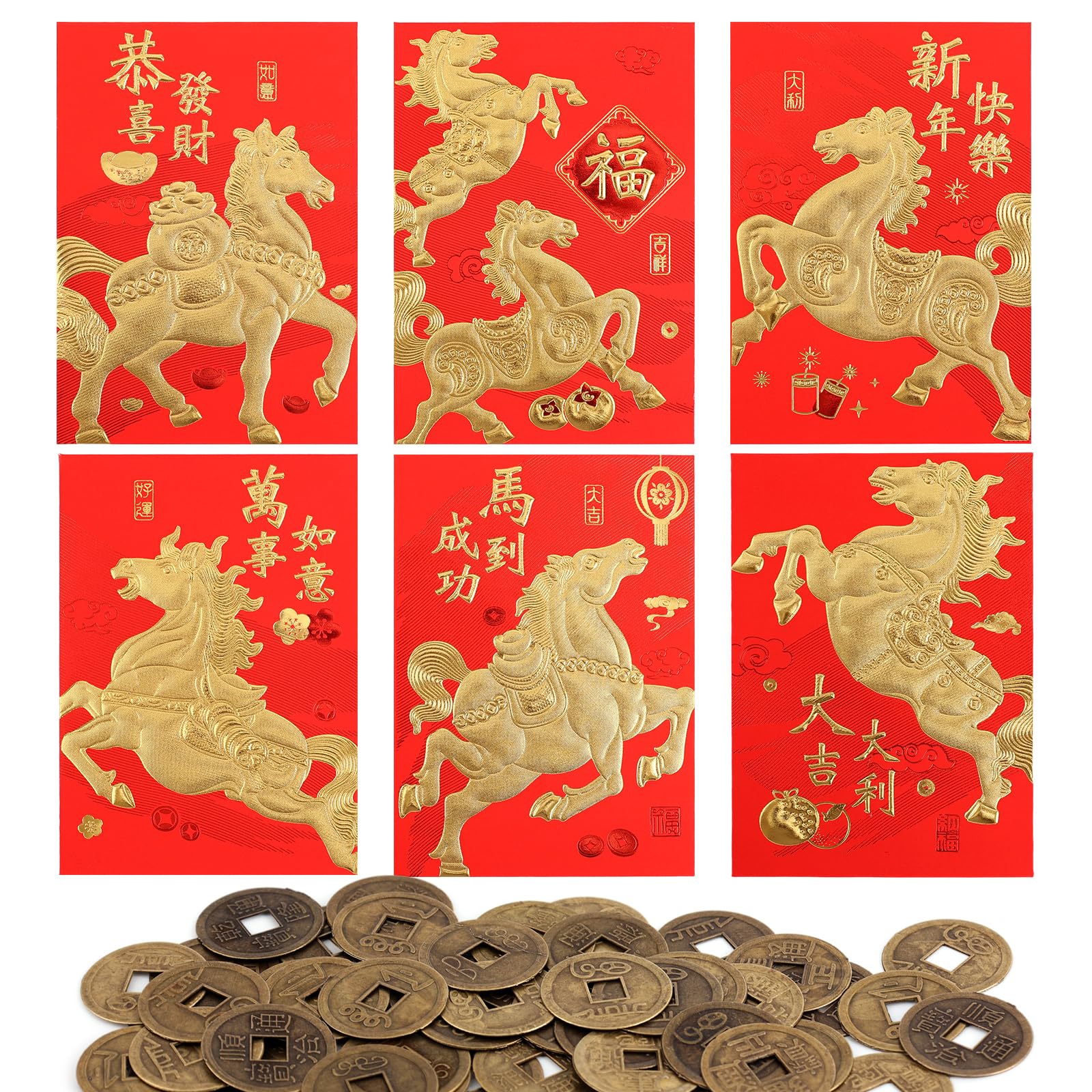 Buste Rosse per Capodanno Cinese 2026 Feng Shui 11,5x8cm 36pz con 50pz Monete Cinesi (6 Stili)