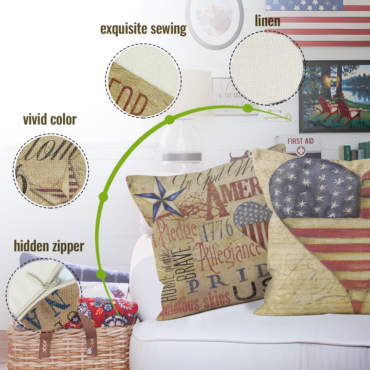 Aoihrraan 20 x 20 Inch Patriotic Cushion Covers Vintage American Flag Retro Usa Farmhouse Style Square Linen Throw Pillow Covers for Living Room Sofa Outdoor Couch 51x51cm Set of 4 Pillowcases - Image 3