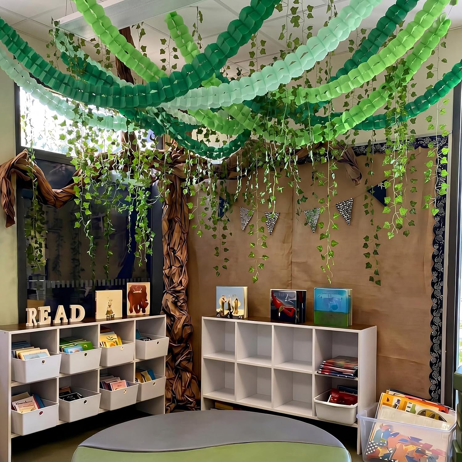 Jungle Rainforest Classroom Decor Kit Faux Greenery Hanging Plants, 12 Artificial Ivy Garlands, 12 Four-Leaf Clover Paper Garlands for VBS Back to School Safari Jungle Party Ceiling Decor