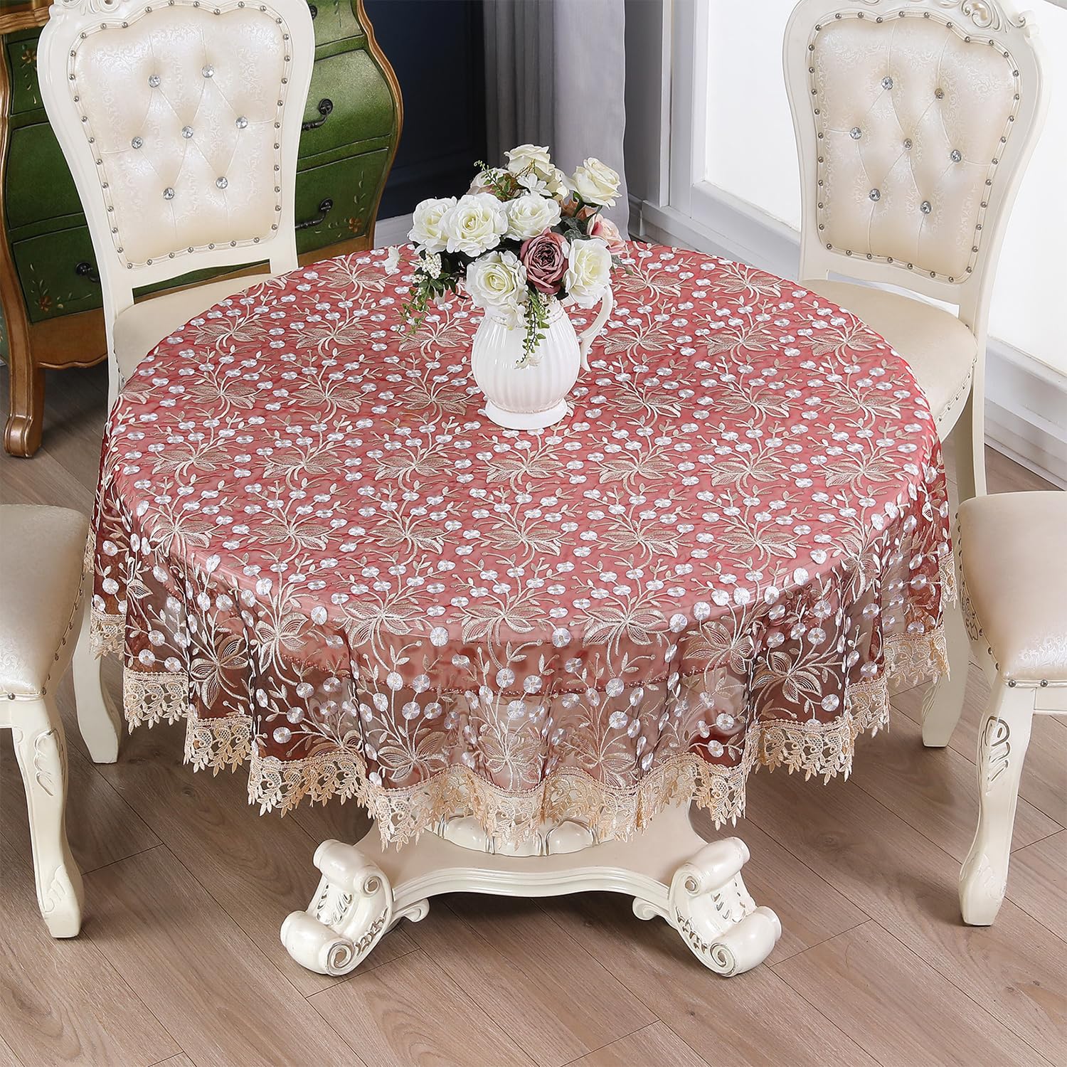 FOELANNE Embroidered Lace Tablecloth, Floral Embroidered Lace Round Tablecloth Multicolor Multiple Sizes(Burgundy,130cm)