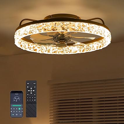 Ceiling Fans with Lights and Remote Fandelier - Low Profile Modern - 20'' Flush Mount Ceiling Fans for Bedroom,Stepless Color Temperature and 6 Speeds- Black and Crystal