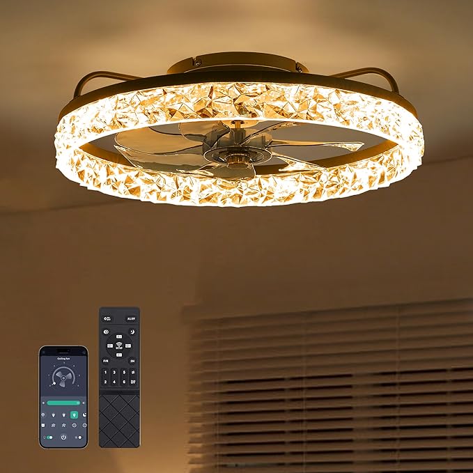 Ceiling Fans with Lights and Remote Fandelier - Low Profile Modern - 20'' Flush Mount Ceiling Fans for Bedroom,Stepless Color Temperature and 6 Speeds- Black and Crystal