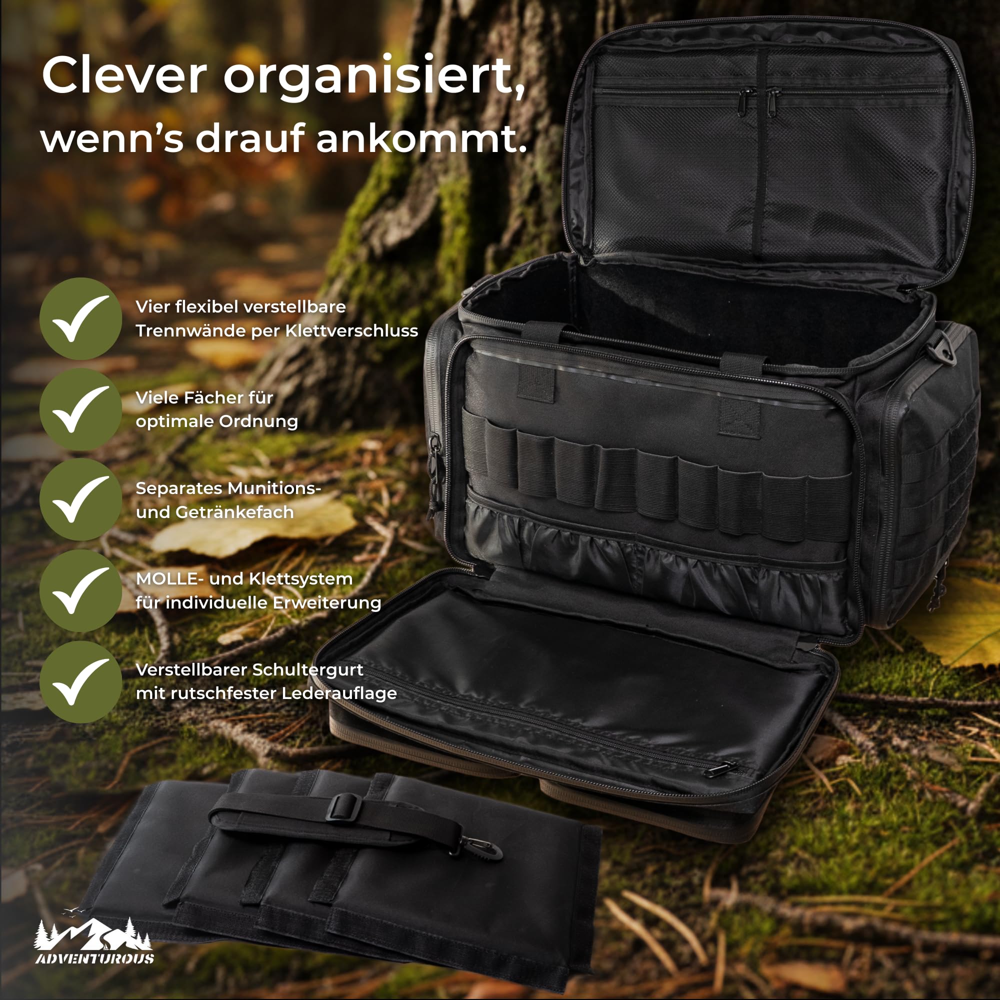 ADVENTUROUS Range Bag [Mehrfachschutz für Dein Equipment durch FortiLock-System] Waffentasche Kurzwaffen | Einsatztasche | Pistolentasche | Ideal für Schießsport
