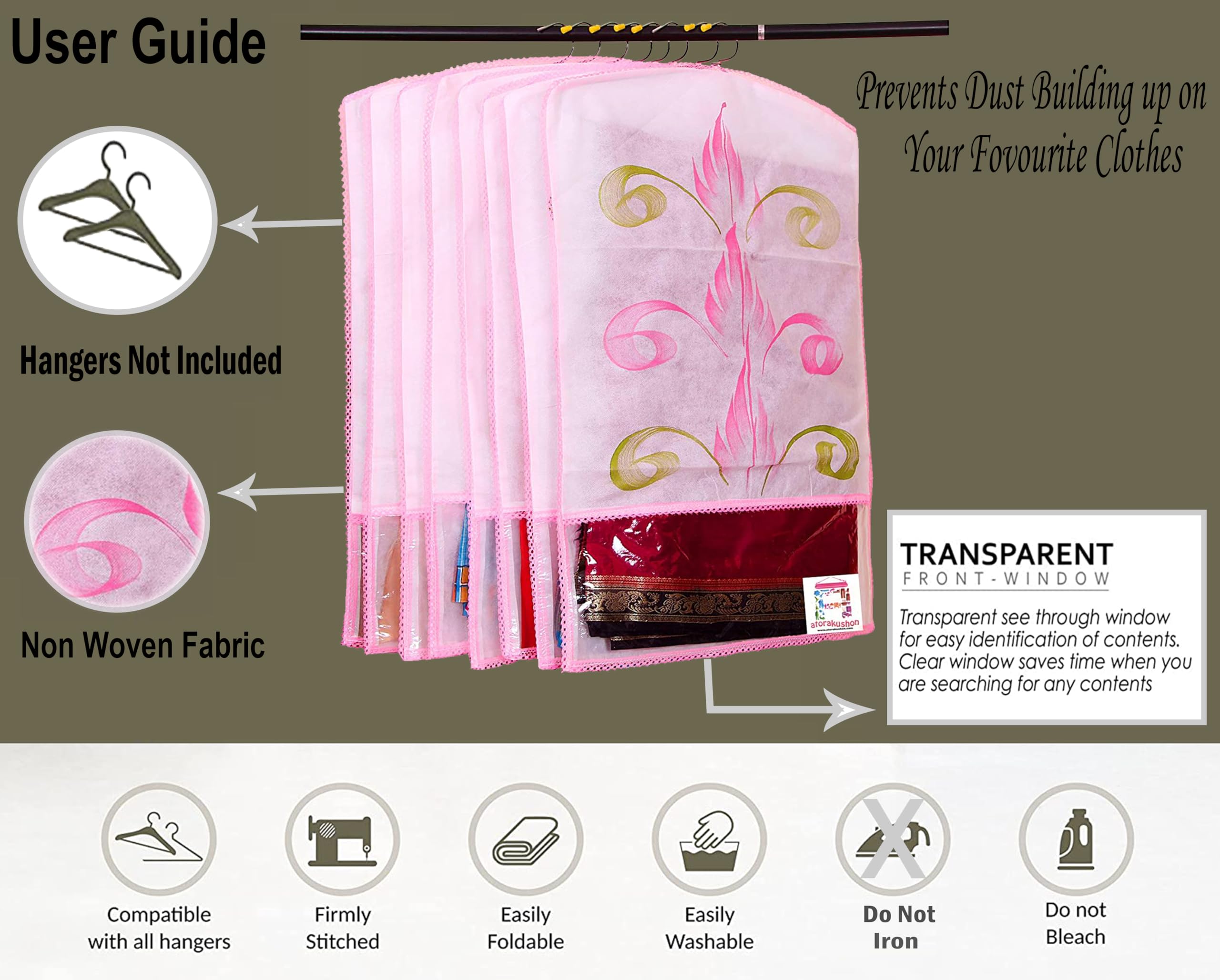 Atorakushon Fabric Printed Hanging Saree Cover Wardrobe Organizer Pack of 12