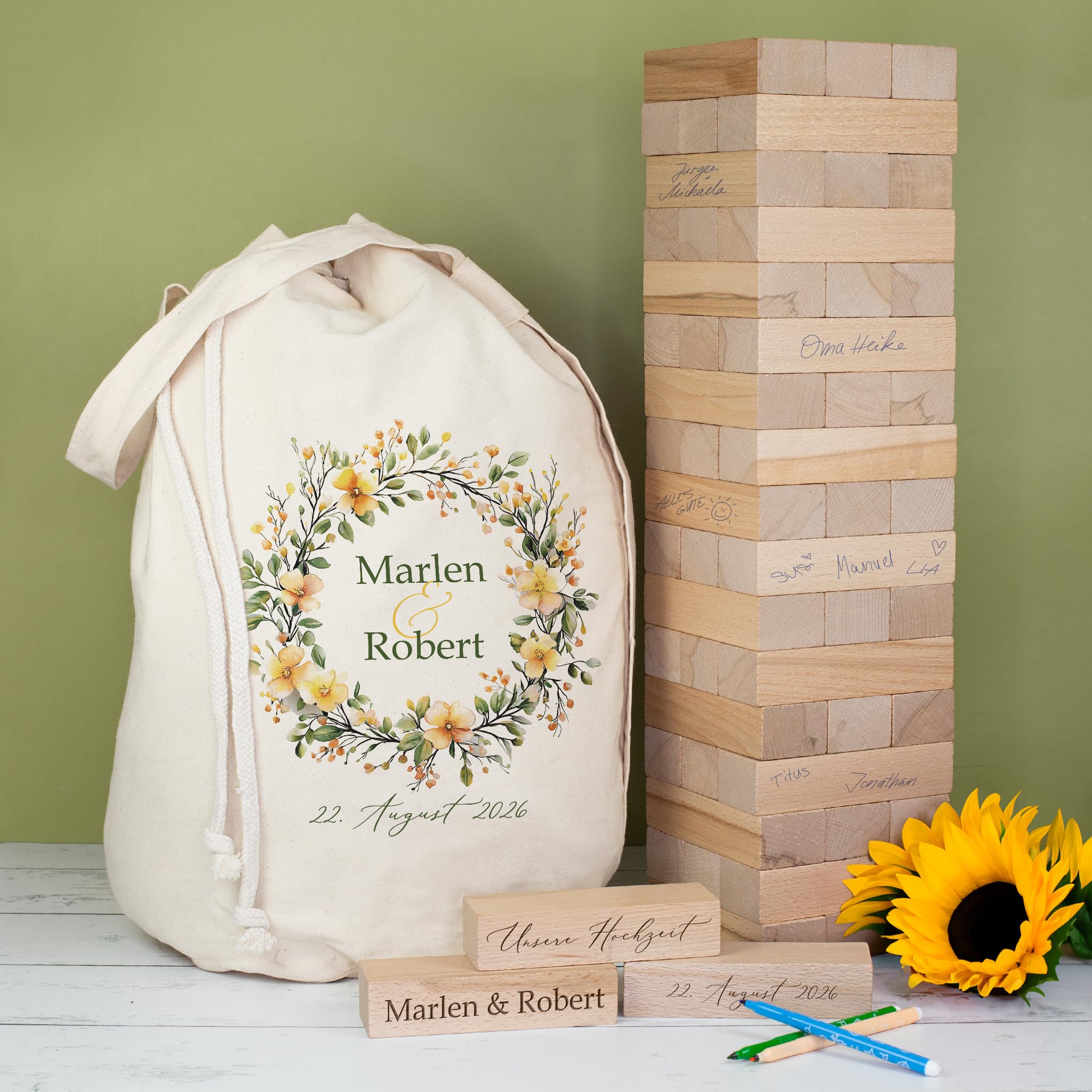 Herz & Heim® XXL Jenga Wackelturm Hochzeitsgeschenk – Gästebuch aus Holz personalisiert mit Gravur der Namen & Datum mit Geschenksack aus Baumwolle – Brautpaar Geschenk Hochzeit