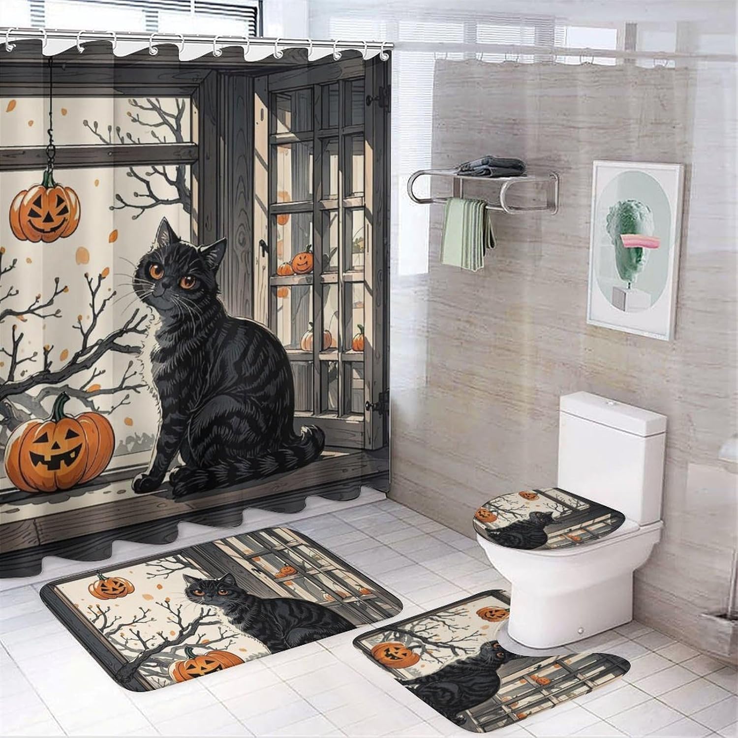 Window Squash Shower Curtain Set 4 Piece, Non-Slip Bath Mat with Toilet Lid Cover and Waterproof Shower Curtain with 12 Hooks, Complete Bathroom Set for Home Decor
