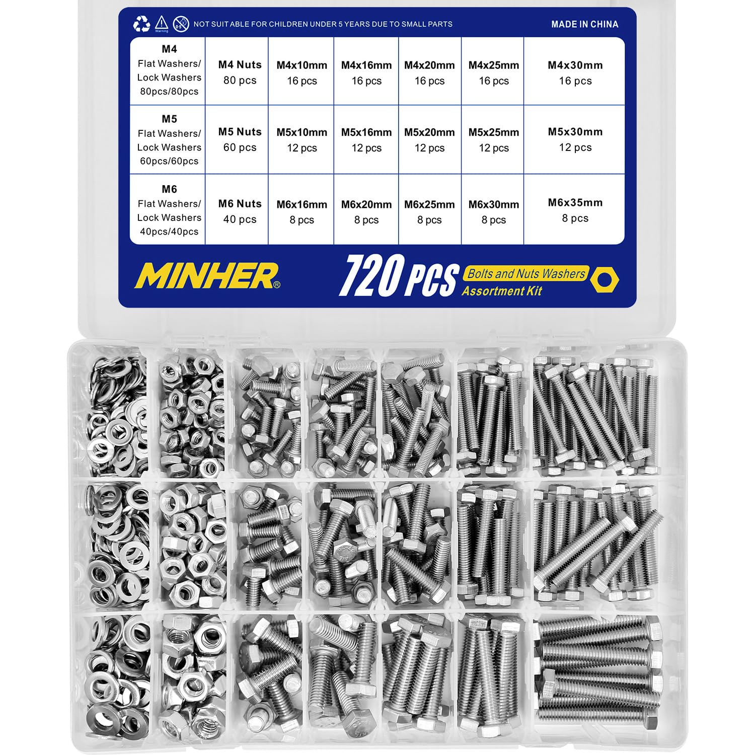 M4 M5 M6 720 PCS Boulons et écrous de Sortilège Rondelles Ensemble 304 Acier Inoxydable de Coin Extérieur Vis Hexagonale