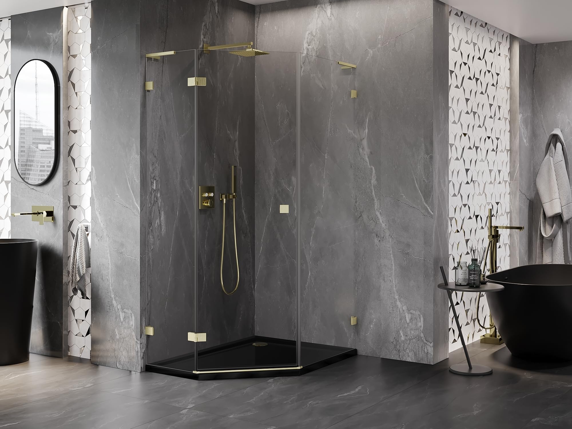 Mexen Lunar L Box Doccia Cinquagonale Porta Battente Sinistra 80x100 Trasparente Oro Spazzolato