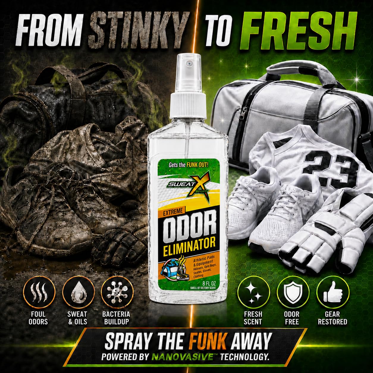 SweatX Extreme Odor Spray – Mehrzweck-Deodorierer ohne Waschen – ideal für Schuhe und Fitnesskleidung – Victory Scent (236 ml)