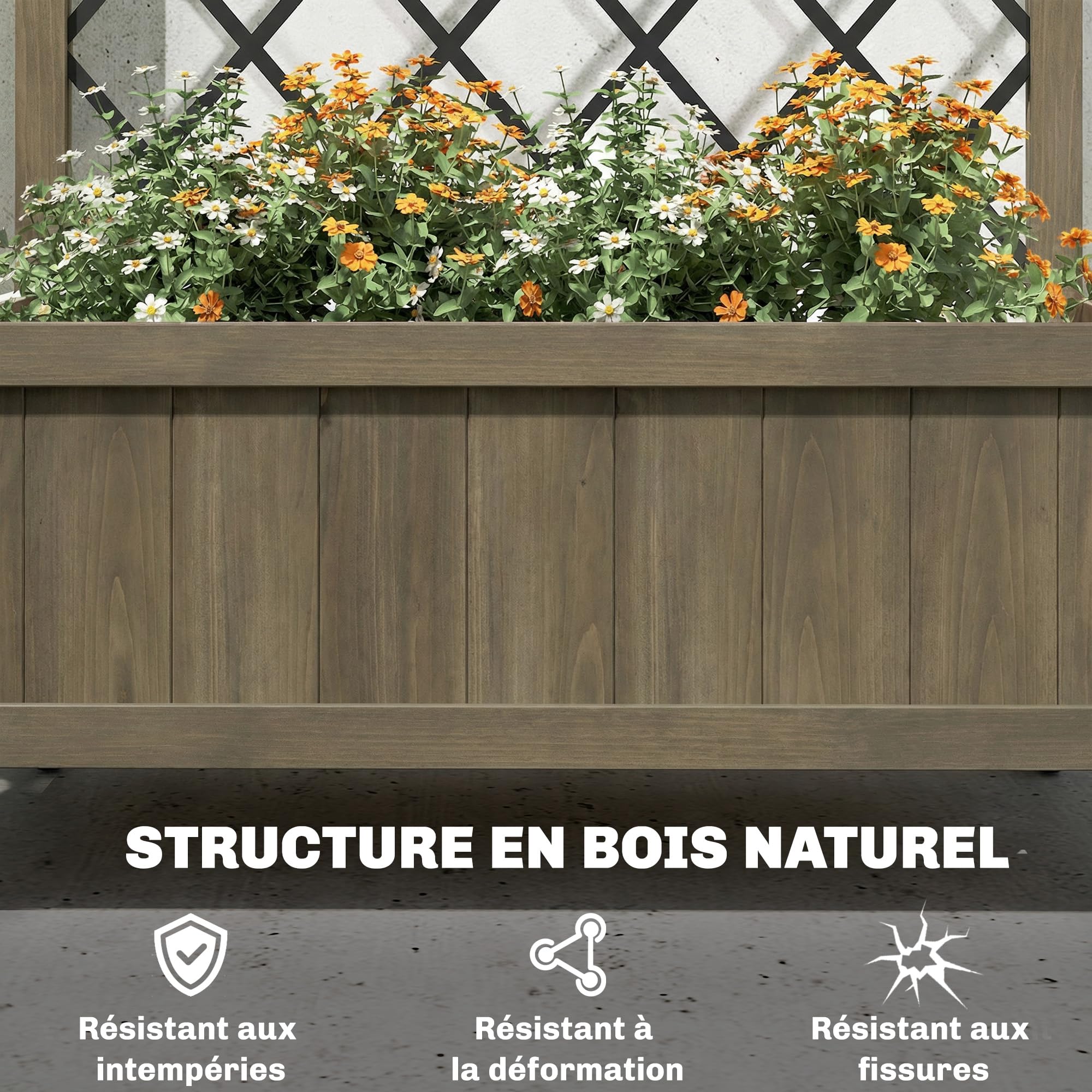 Outsunny Jardinière avec Treillis en Acier, bac à Fleurs sur Roues, lit surélevé en Bois, pour Plantes grimpantes, légumes, intérieur et extérieur, 72 x 36 x 168 cm, Finition Carbonisée