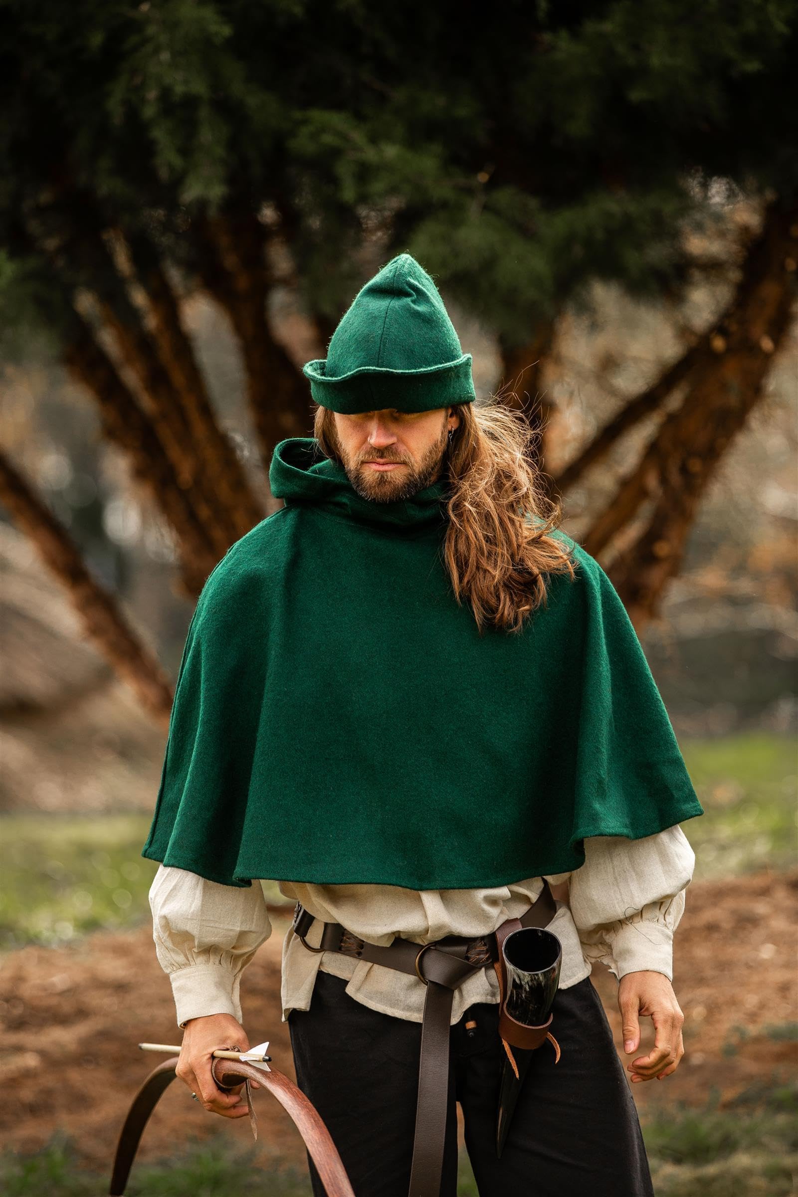 Leonardo Carbone® Męskie nakrycie głowy Robin Hood-Hut | asymetryczna krawędź | styl średniowieczny | karnawał, Halloween, Cosplay, LARP, kapelusz, czapka, akcesoria, wełna
