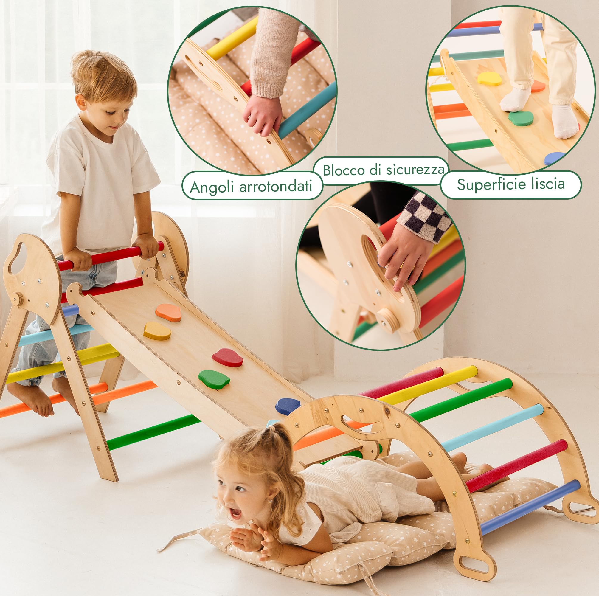 Goodevas Set 5-in-1 Montessori per arrampicata: triangolo da arrampicata per interni, arco da arrampicata con cuscino e scivolo per bambini, parco giochi al coperto 1-3 anni