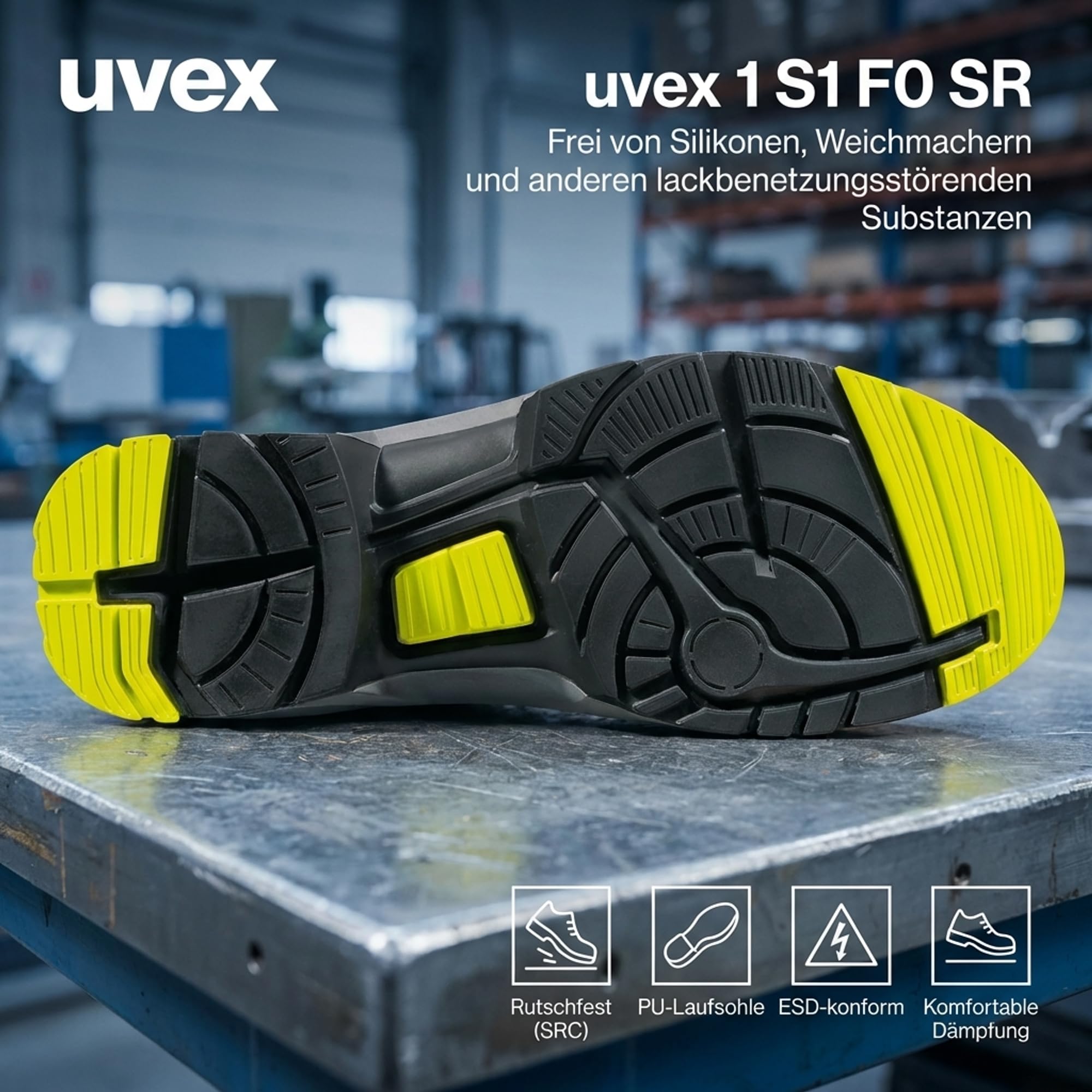 uvex 1 perforowane półbuty, buty ochronne S1 SRC, buty robocze dla kobiet i mężczyzn, czarne/limonkowe