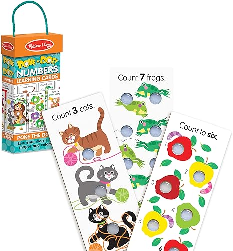 Melissa & Doug Poke-A-Dot Tarjetas de aprendizaje de números jumbo 13 tarjetas de números de doble cara, formas y colores con botones para hacer