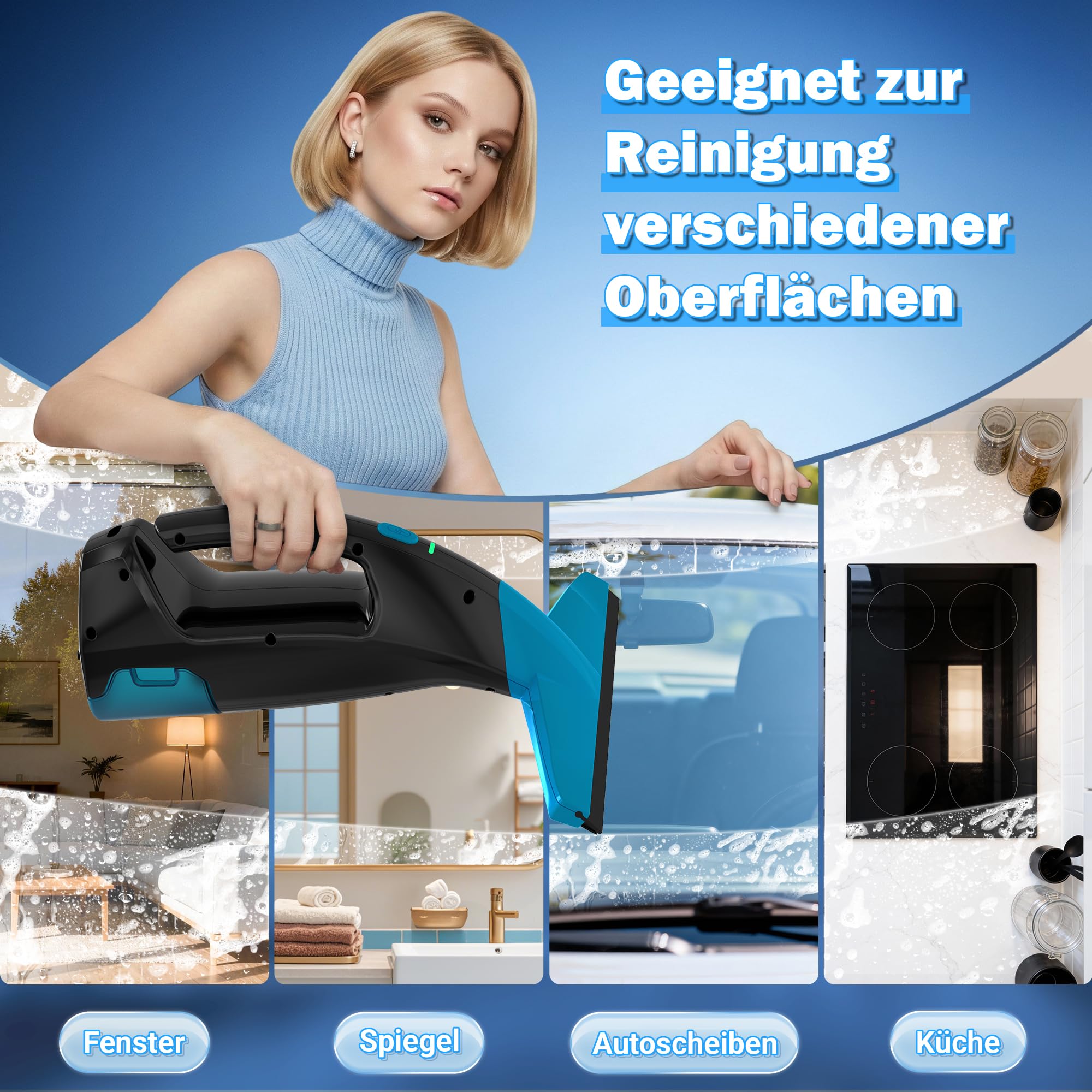 EAVE Fenstersauger Set, Akku Fenstersauger 45 Minuten Akkulaufzeit, Fensterreiniger Elektrisch 28cm Saugdüse 200ml Wassertank